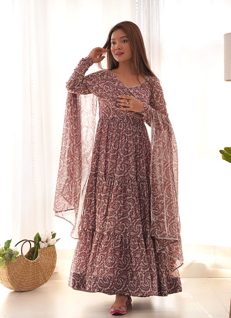 Brown Faux Georgette Digital Print Anarkali Suit After Six Wear