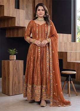 Brown Faux Georgette Embroidered Anarkali Straight Pant Suit