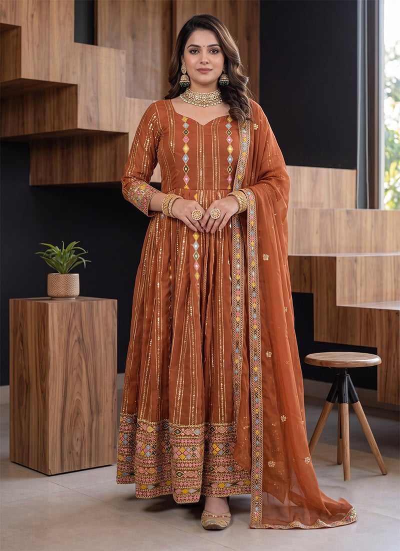 Brown Faux Georgette Embroidered Anarkali Straight Pant Suit After Six Wear