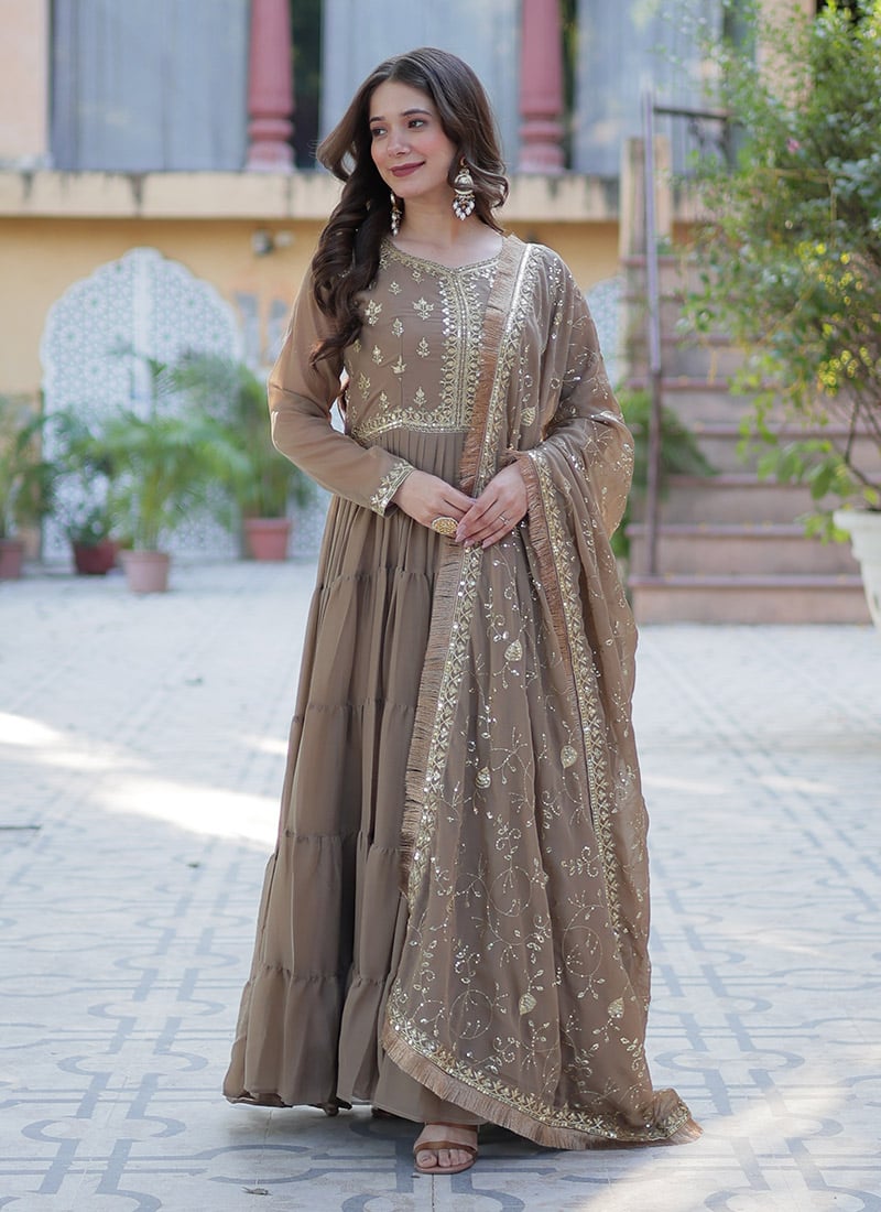 Brown Faux Georgette Embroidered Sequins Anarkali Suit Festive Wear