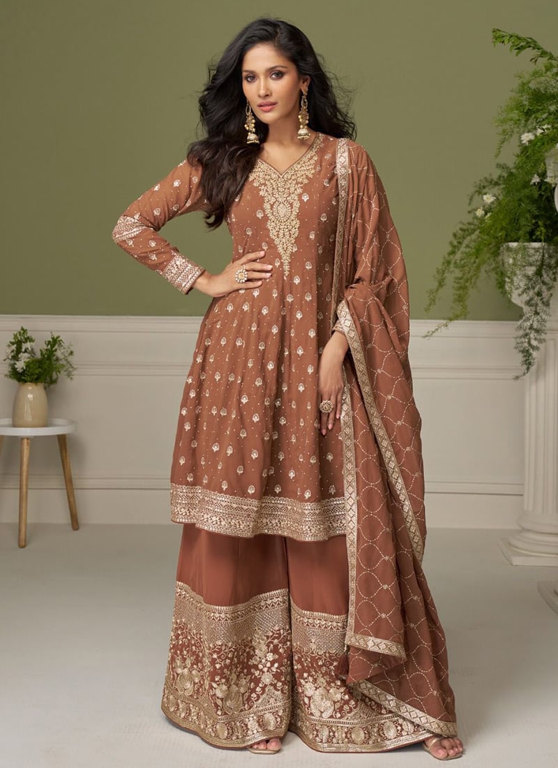 Brown Faux Georgette Embroidered Sequins Mirror Work Hand Work Palazzo Suit Festive Wear