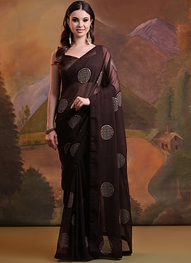 Brown Faux Georgette Sequins Saree For Women