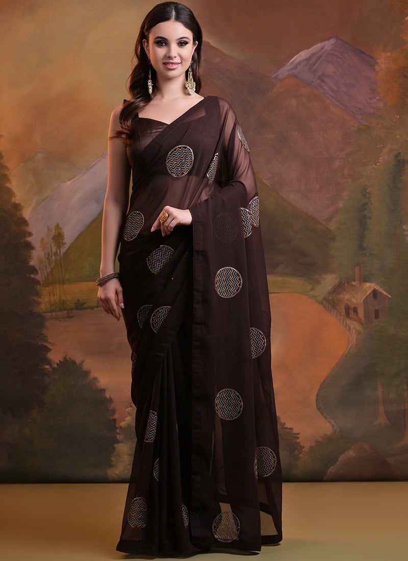 Brown Faux Georgette Sequins Saree For Women After Six Wear
