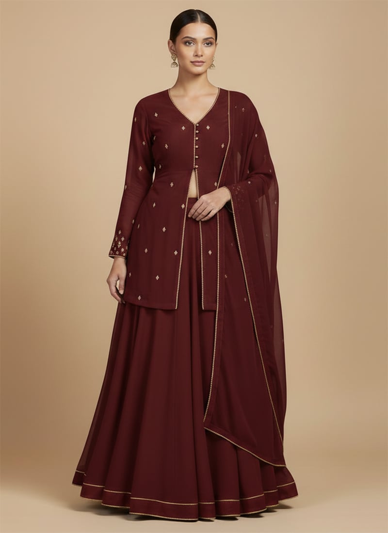 Brown Faux Georgette Sequins Zari Long Choli Lehenga Festive Wear