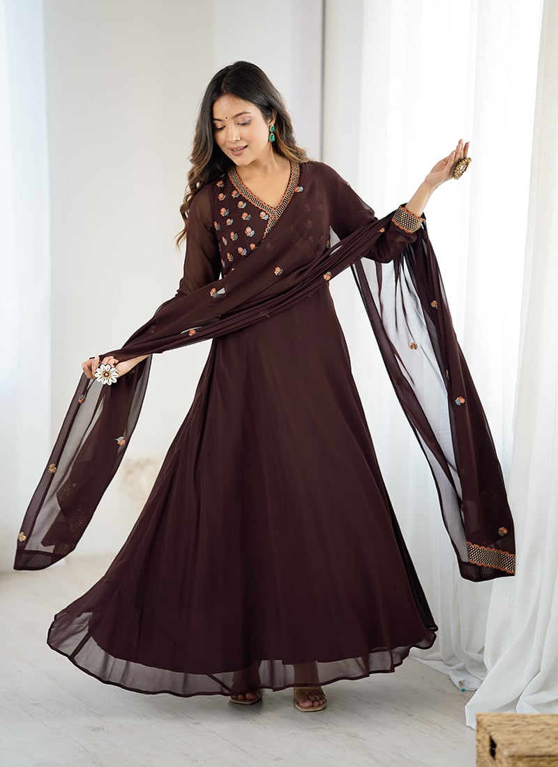Brown Faux Georgette Thread Embroidered Anarkali Suit Festive Wear