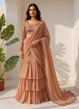 Brown Georgette Zari Sequins Pre Draped Lehenga Saree