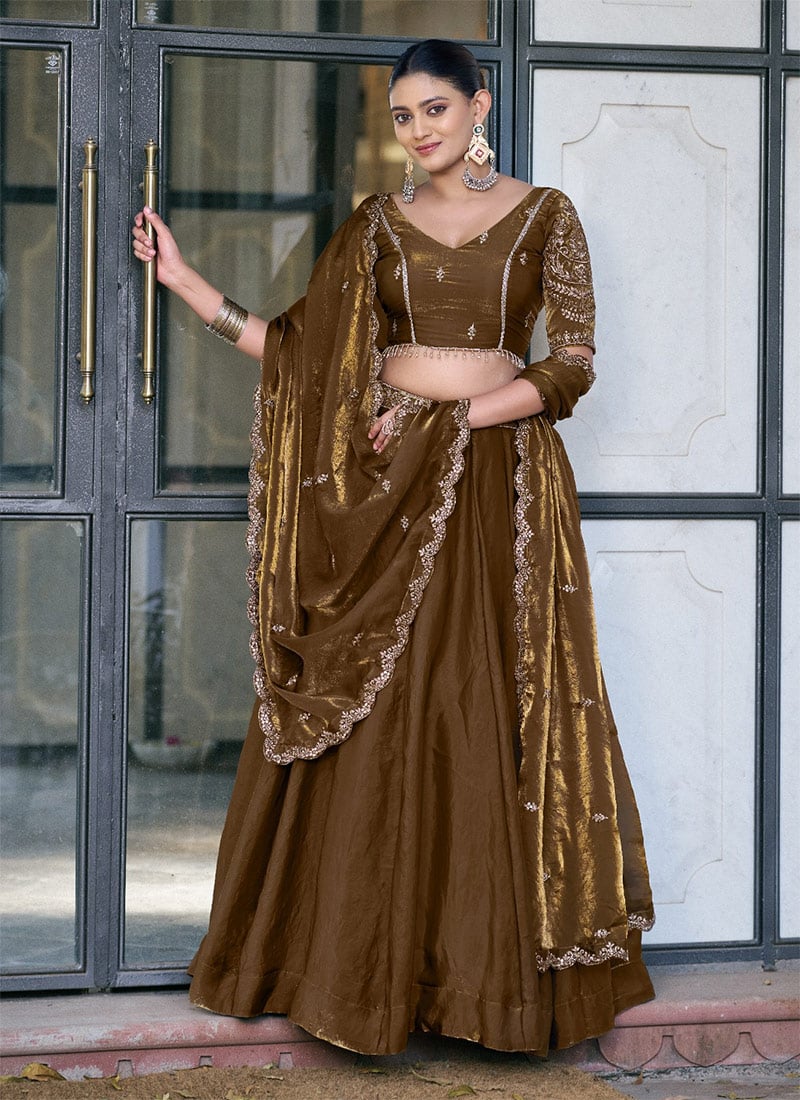 Brown Fendi Silk Embroidered Sequins Lehenga Festive Wear