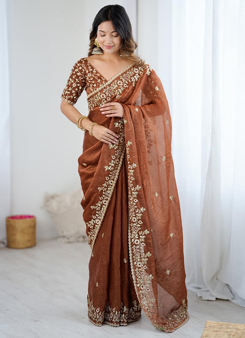 Brown Fendy Chiffon Embroidered Sequins Saree Festive Wear