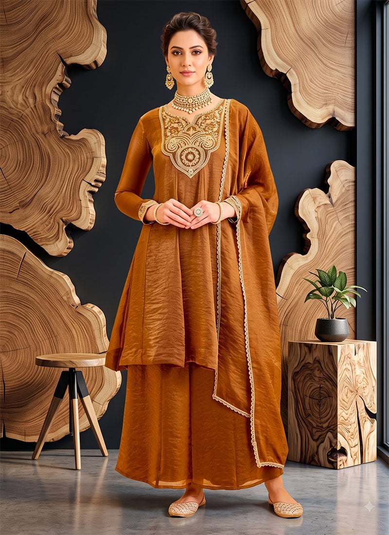 Brown Fendy Silk Embroidered A Line Palazzo Suit Festive Wear