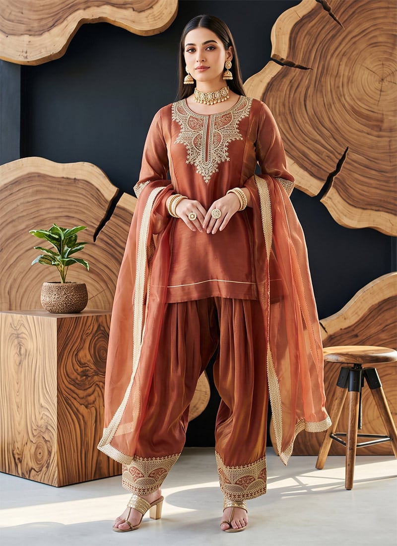 Brown Fendy Silk Embroidered Palazzo Suit Festive Wear