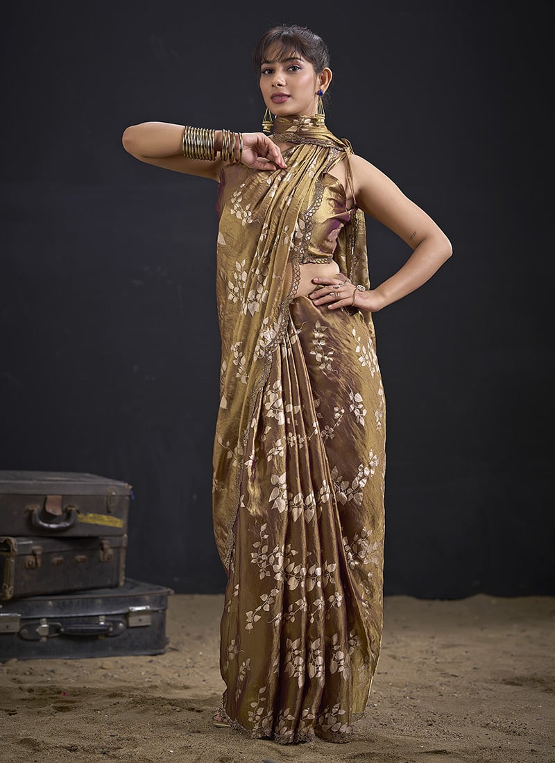 Brown Fendy Silk Foil Print Zarkan Stone Work Saree Festive Wear