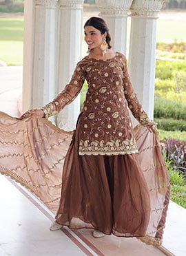 Brown Fendy Silk Zari Embroidered Sequins Palazzo Suit