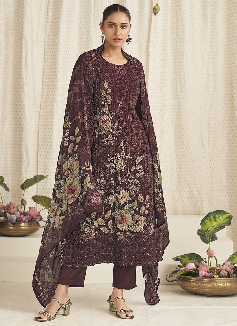 Brown Georgette Digital Print Straight Pant Suit After Six Wear