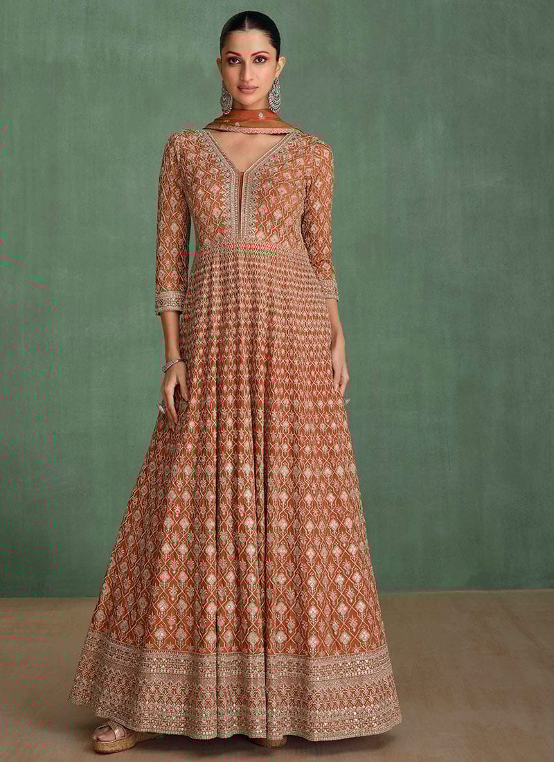 Brown Georgette Embroidered Sequins A Line Stunning Anarkali Suit Wedding Wear