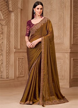Brown Georgette Embroidered Sequins Saree