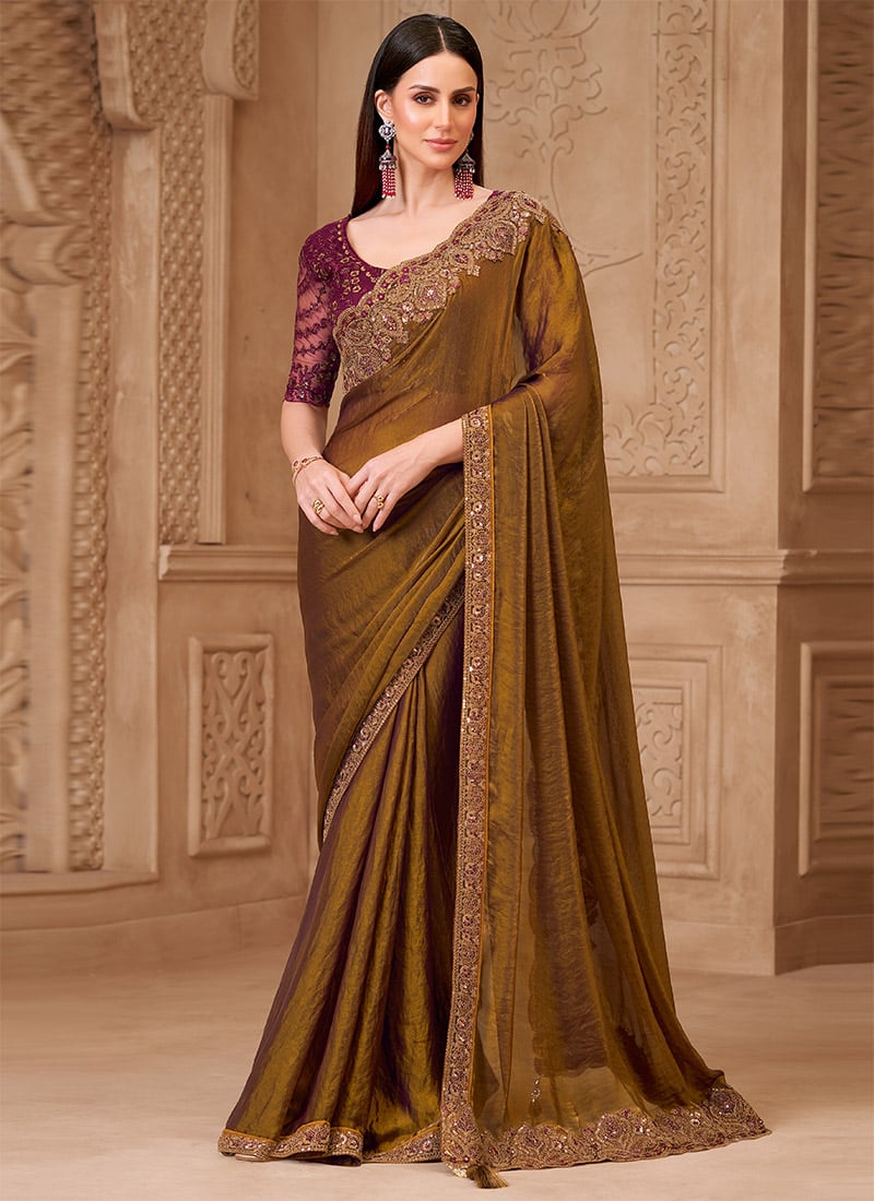 Brown Georgette Embroidered Sequins Saree Wedding Wear