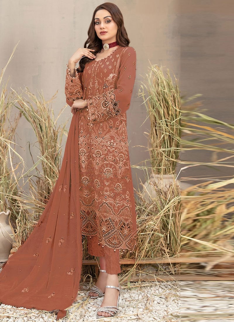 Brown Georgette Embroidered Stone Sequins Pakistani Straight Pant Suit Festive Wear