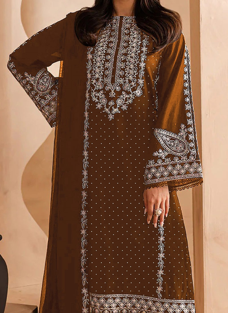 Brown Designer Semi-Stitched Pant Suit With Embroidery Work