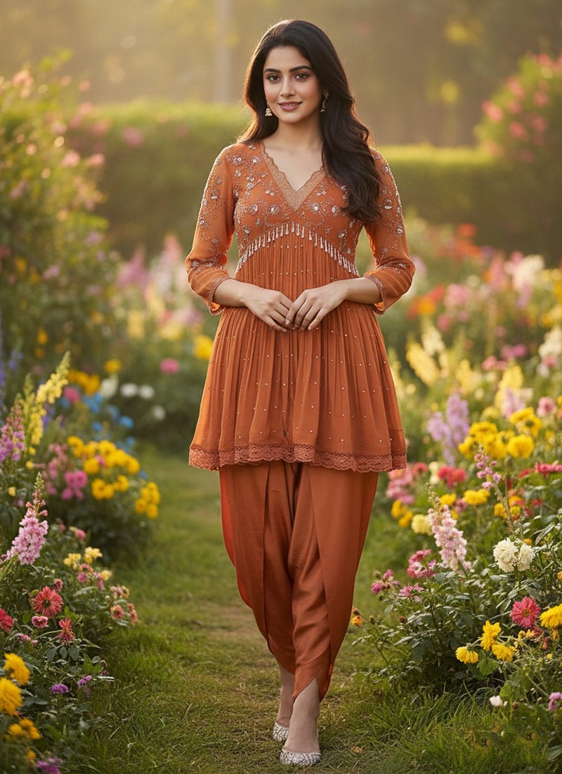 Brown Georgette Hand Embroidered Sequins Salwar Suit  Festive Wear