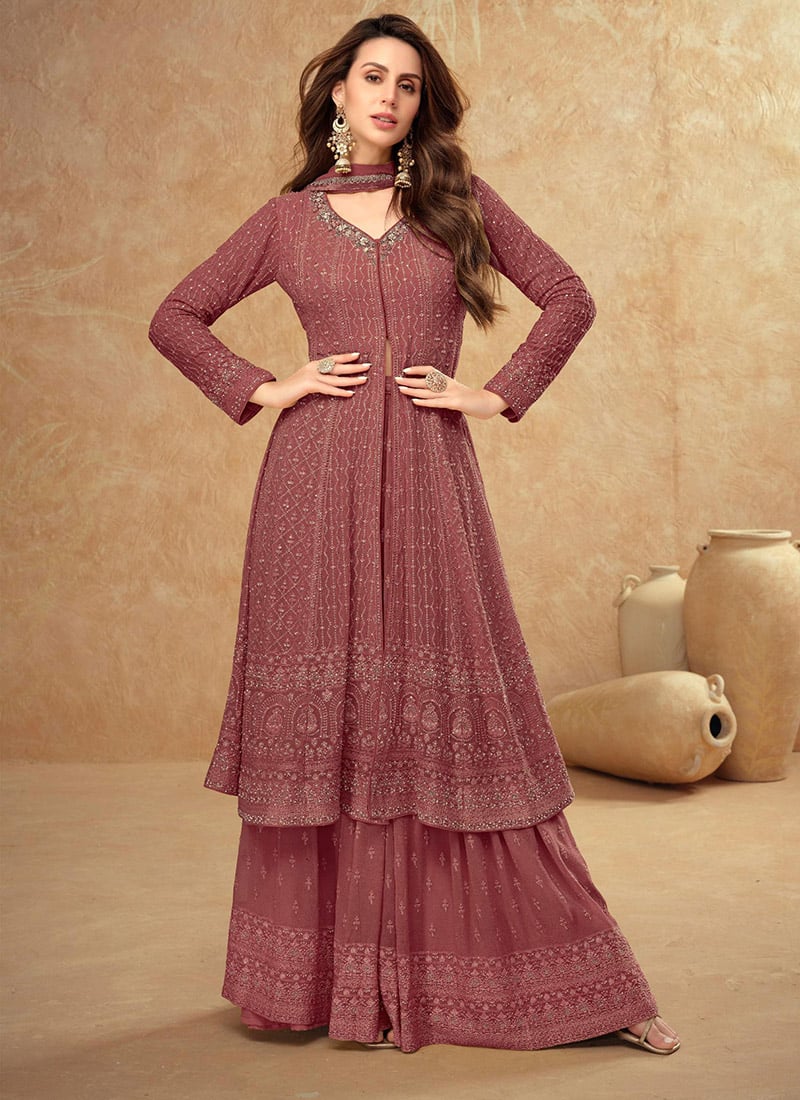 Brown Georgette Hand Work Embroidered And Sequins Palazzo Suit