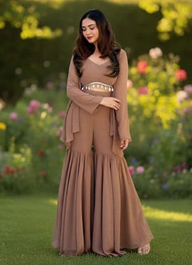 Brown Georgette Indowestern Jacket Palazzo Set