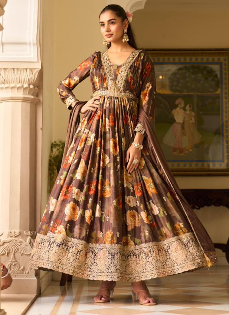 Brown Georgette Printed Zari Embroidered Sequins Anarkali Suit Festive Wear