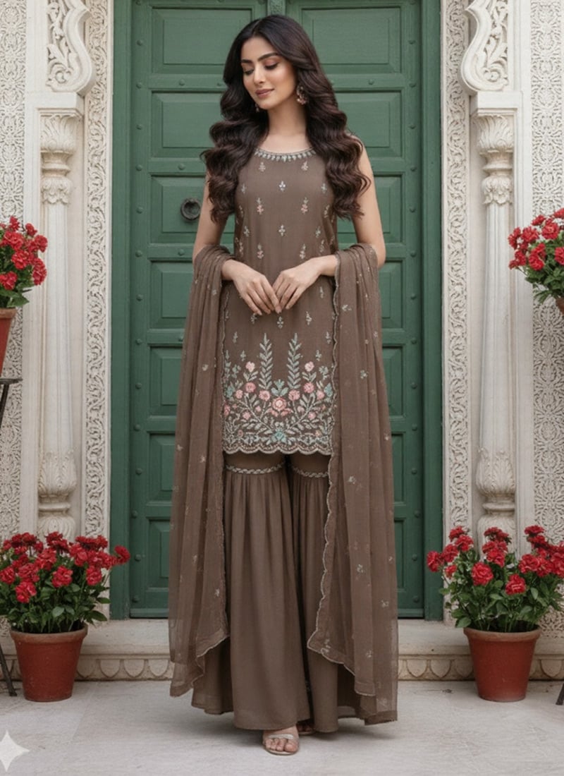 Brown Georgette Resham Sequins Sharara Suit Festive Wear