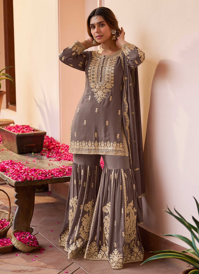 Brown Georgette Sequins And Stone Embroidered Sharara Suit Festive Wear