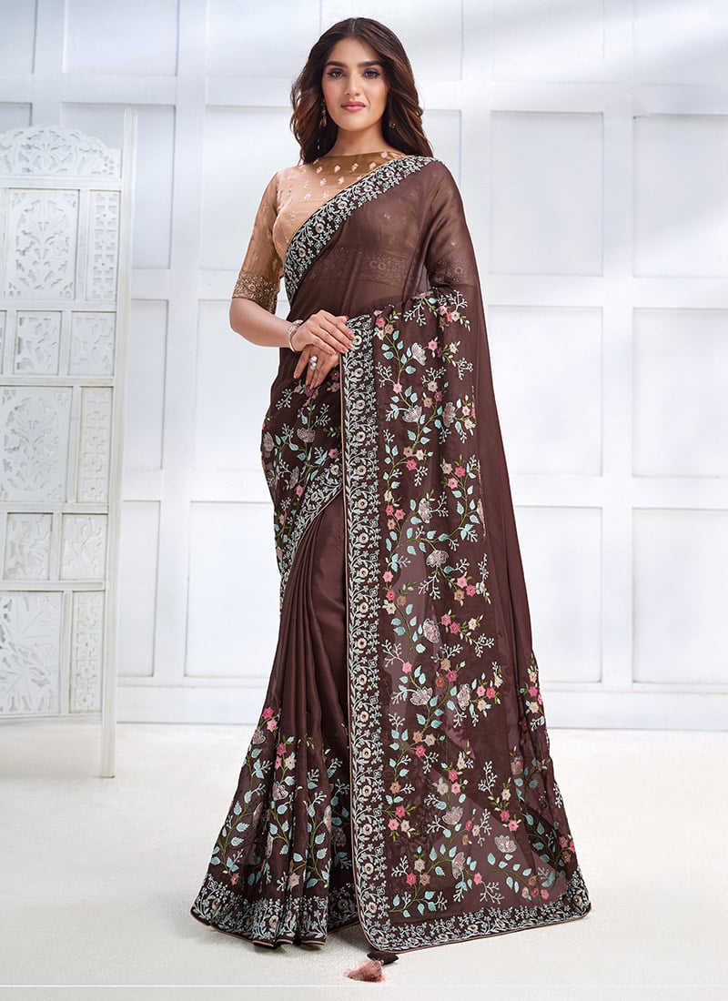 Brown Georgette Silk Sequins And Embroidered Stones Saree Wedding Wear