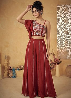 Brown Georgette Stone Work Indowestern Palazzo Suit