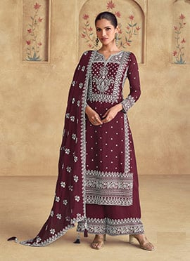Brown Georgette Zari Embroidered Sequins Palazzo Suit
