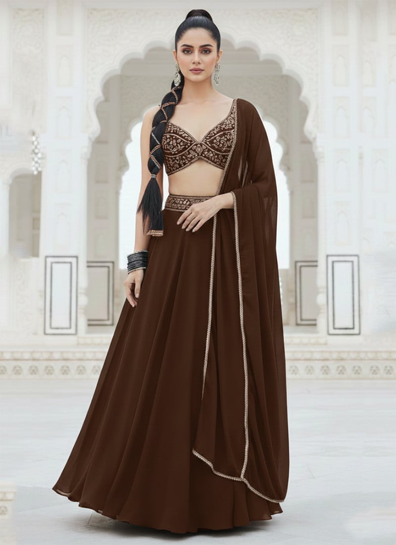 Brown Georgette Zari Sequins A Line Lehenga Wedding Wear