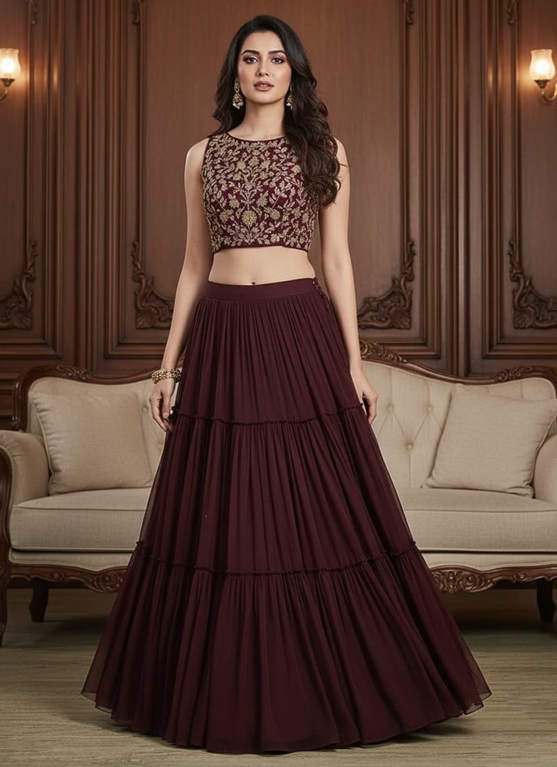 Brown Georgette Zari Sequins And Stone Work Lehenga Wedding Wear