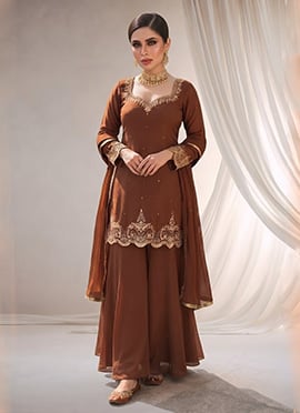 Brown Georgette Zari Sequins Palazzo Suit