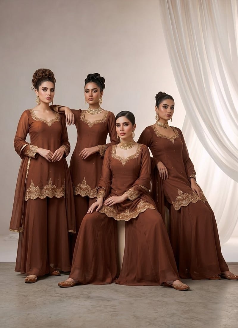 Brown Georgette Zari Sequins Palazzo Suit Festive Wear