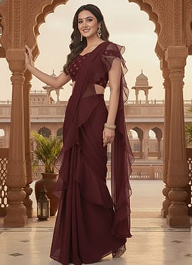 Brown Georgette Zari Sequins Ruffled Saree