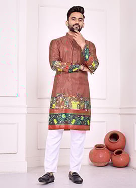 Brown Green Dola Silk Patola Foil Print Kurta Pyjama