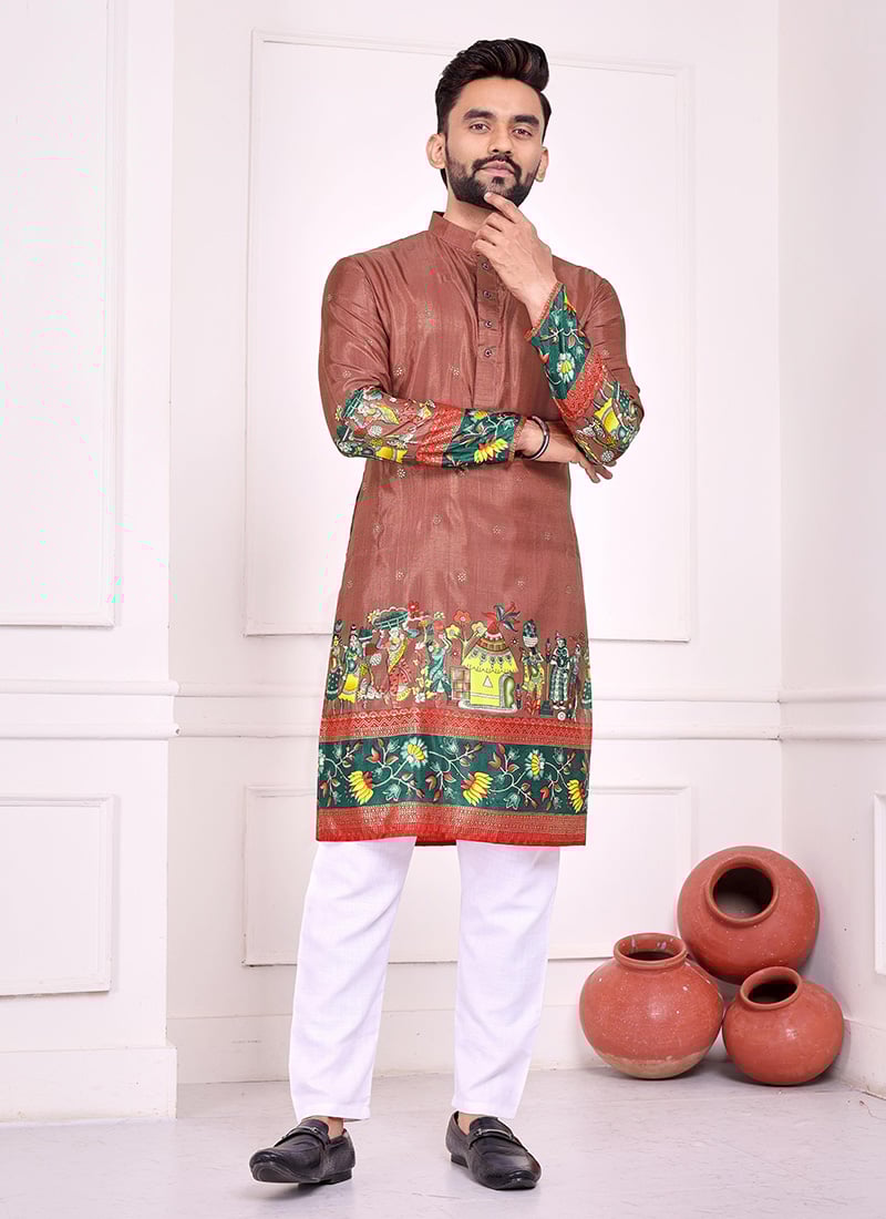 Brown Green Dola Silk Patola Foil Print Kurta Pyjama Festive Wear