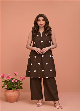 Brown Heart Print Sleeveless Cotton Kurta Pant Set