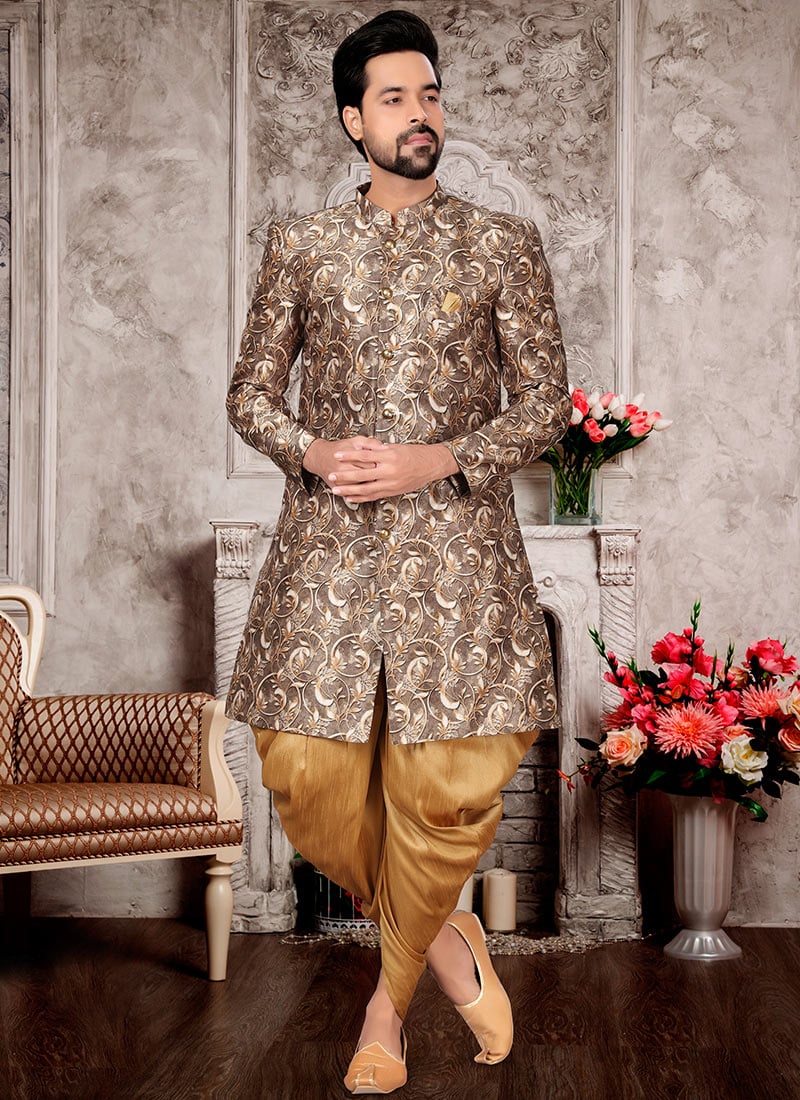 Brown Jacquard Silk Digital Printed Classic Sherwani Wedding Wear