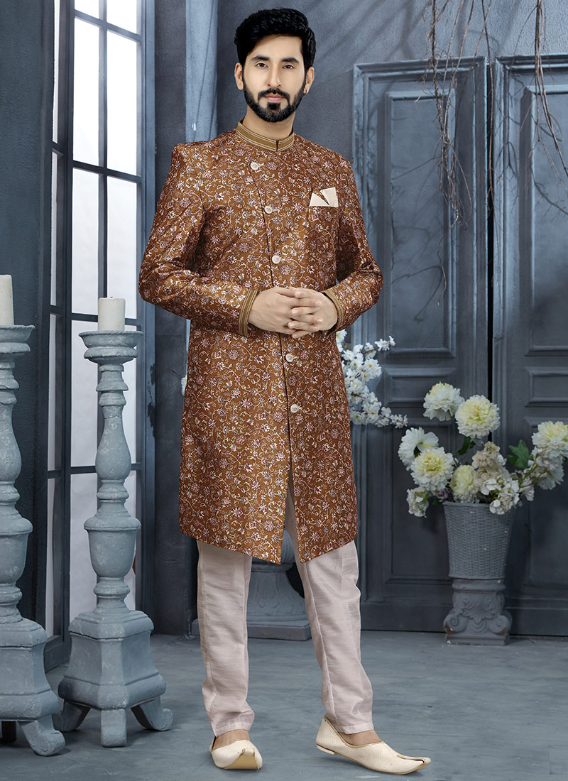 Brown Jacquard Silk Digital Printed Classic Sherwani