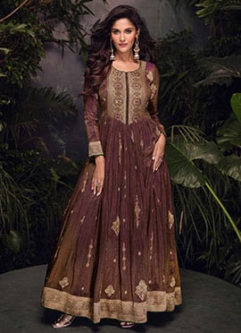 Brown Jacquard Silk Embroidered Sequins Anarkali Gown