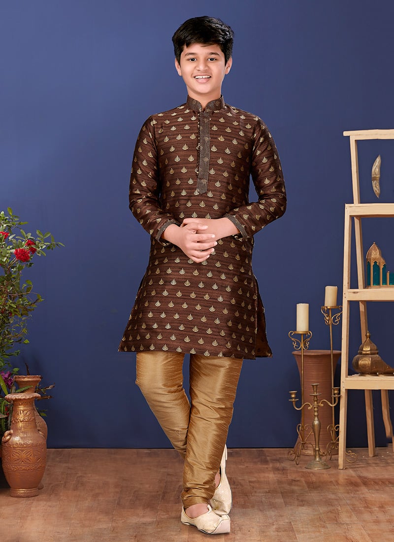 Brown Jacquard Silk Kurta Pyjama