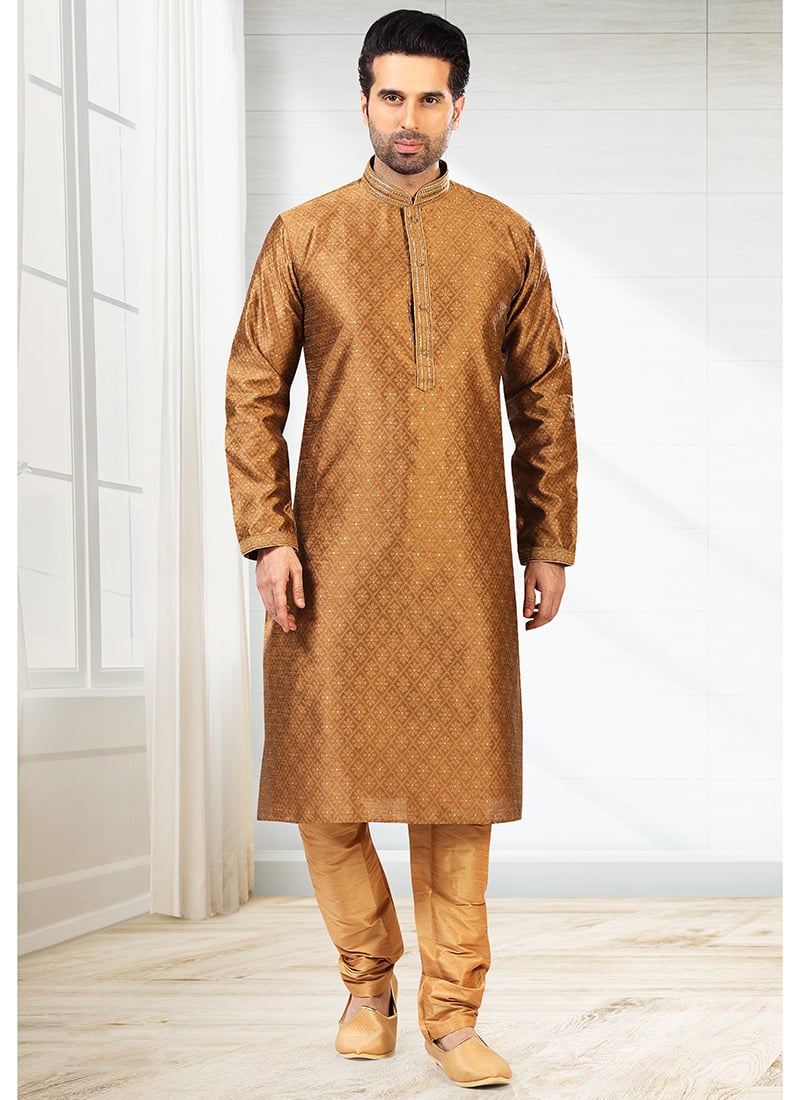 Brown Jacquard Silk Pintux Kurta Pyjama