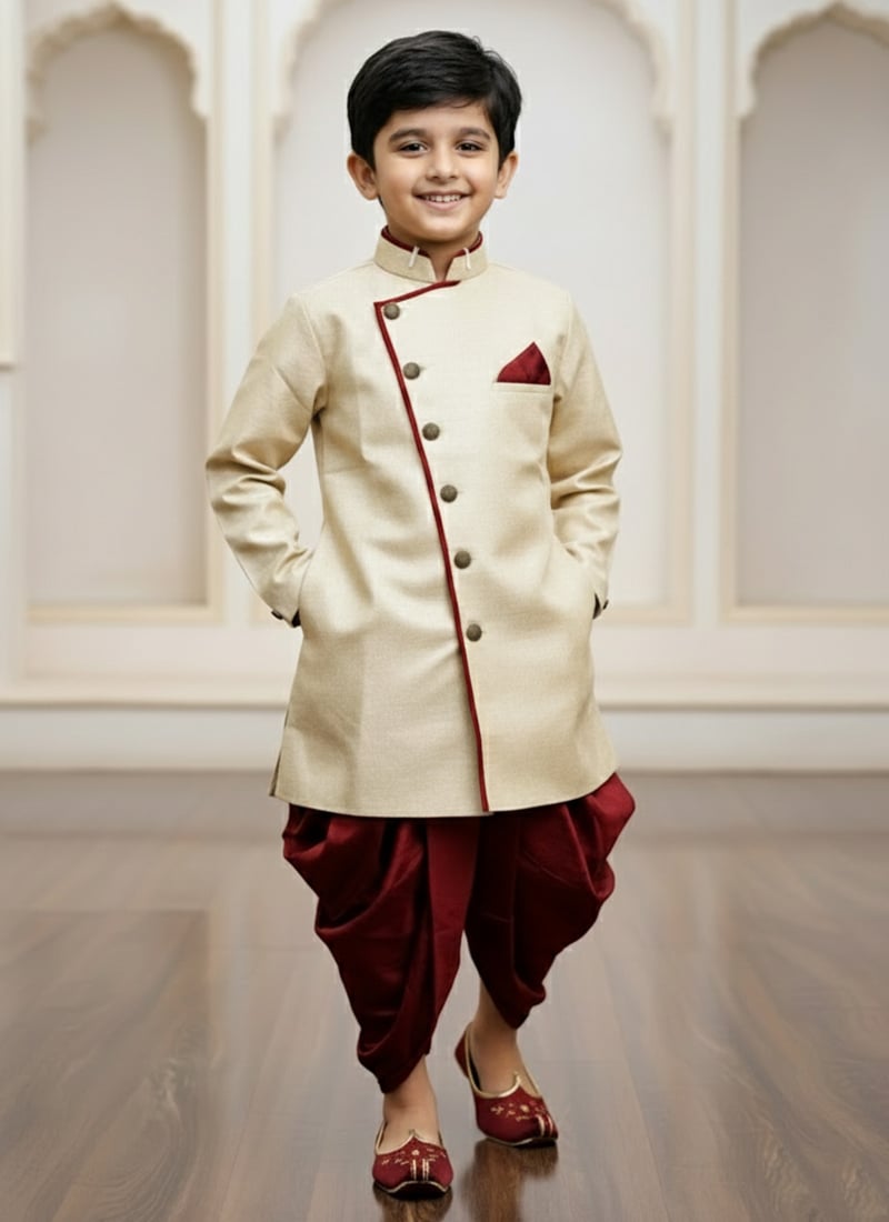 Brown Jute Silk Indowestern Sherwani Kids Boys Festive Wear