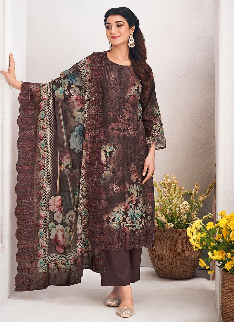 Brown Lawn Cotton Digital Print Straight Pant Suit After Six Wear