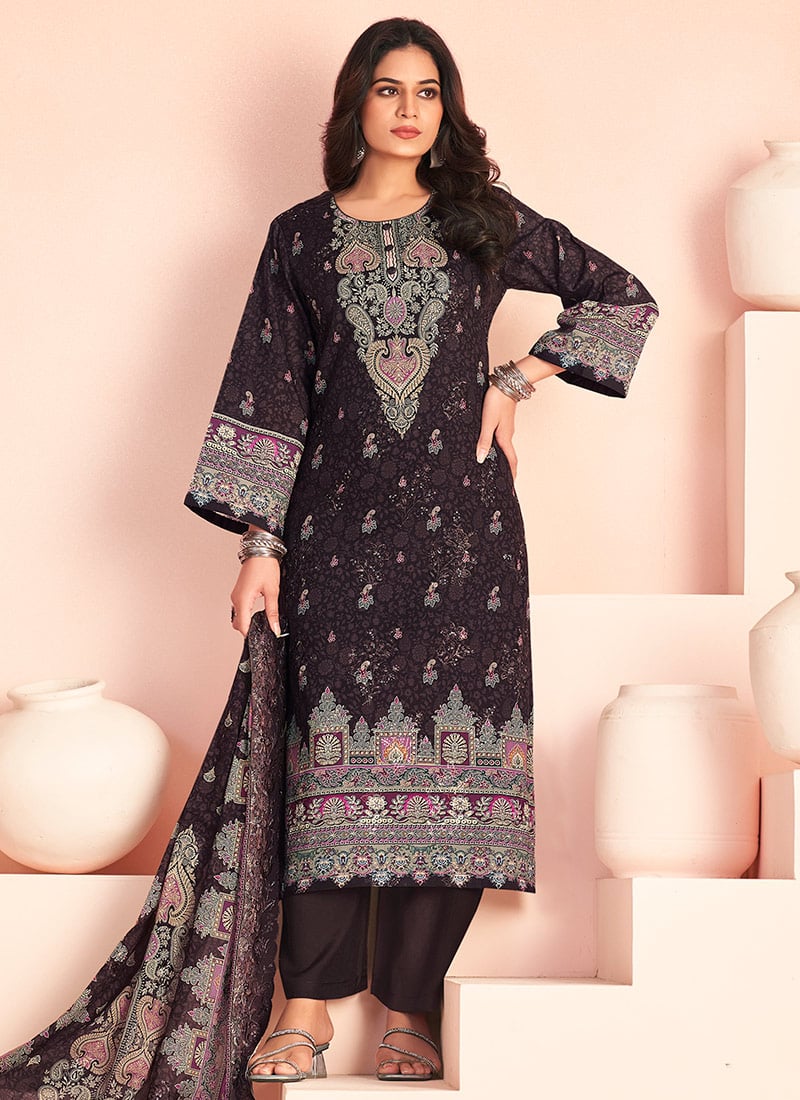 Brown Lawn Cotton Digital Print Thread Straight Pant Suit After Six Wear