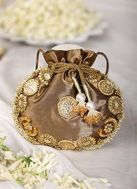 Brown Leather Beads And Kundan Work Potli For Women
