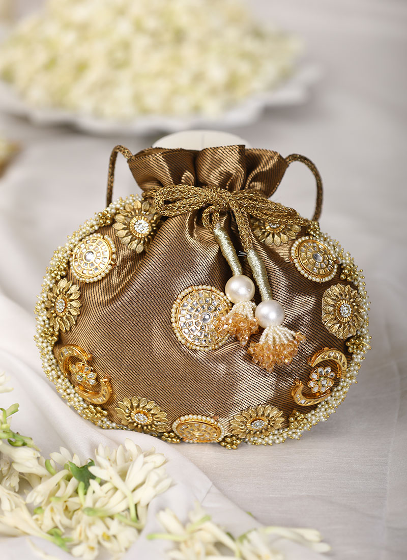 Brown Leather Beads And Kundan Work Potli For Women Wedding Wear
