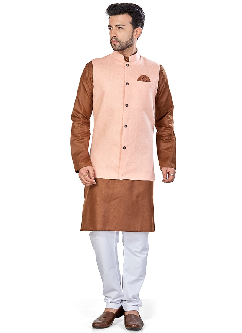 Brown Linen Blend Kurta Pyjama With Jacket